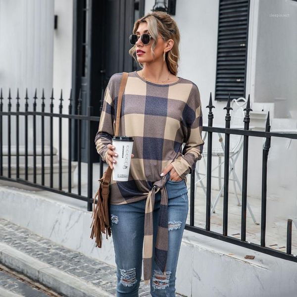 

3 colors women's srping autumn fashion casual plaid t-shirts o-neck long sleeve loose elegant office large size t-shirt1, White