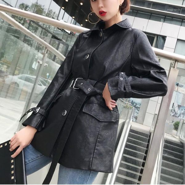 

ewq]2019 autumn winter new pattern fashiontrend locomotive jacket loose ladies large size full sleeve black leather coats qk6041, Black;brown