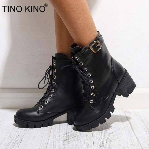 

tino kino women motorcycle ankle boots buckle lace up square high heel platform female shoes short plush boot ladies autumn new, Black
