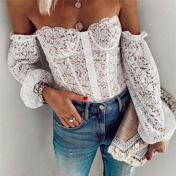 

thorn tree lace floral women shirt female off shoulder elegant blouse casual long sleeve shirts tunic baggy clothes1, White