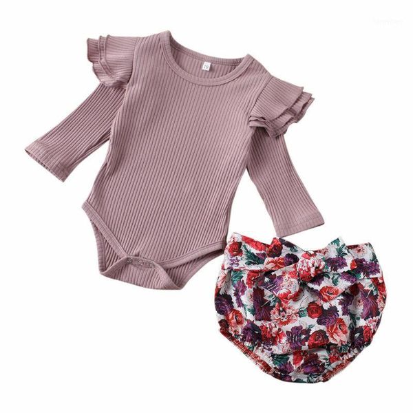 

0-24m newborn toddler baby girl clothes set ruffle long sleeve cotton romper + flower pants outfits sets1, White