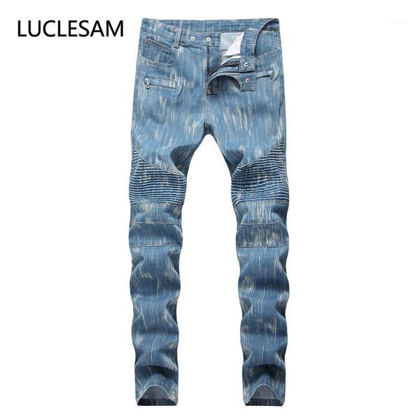 

male folds denim pants mens white slim fit stripe pencil jeans stretch biker trousers men hip hop streetwear pant hommes jeans1, Blue