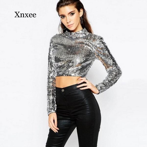 

2021 sequins women silver shine sweater shirts zipper back short female casual party tees ladies stand collar clothing, White