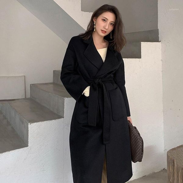 

eam] loose fit black vent brief bandage long woolen coat parkas new long sleeve women fashion tide autumn winter 2020 1x5911