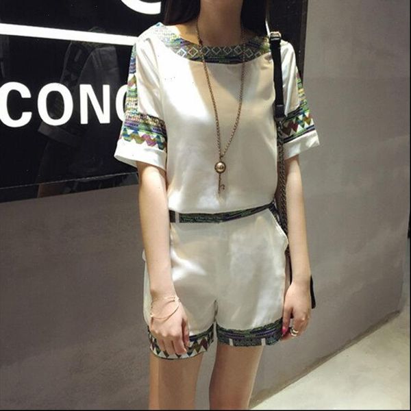 

new print 2021 summer fashion women suit slim printed chiffon shirt short sleeve blouse shorts pants casual two set, Gray