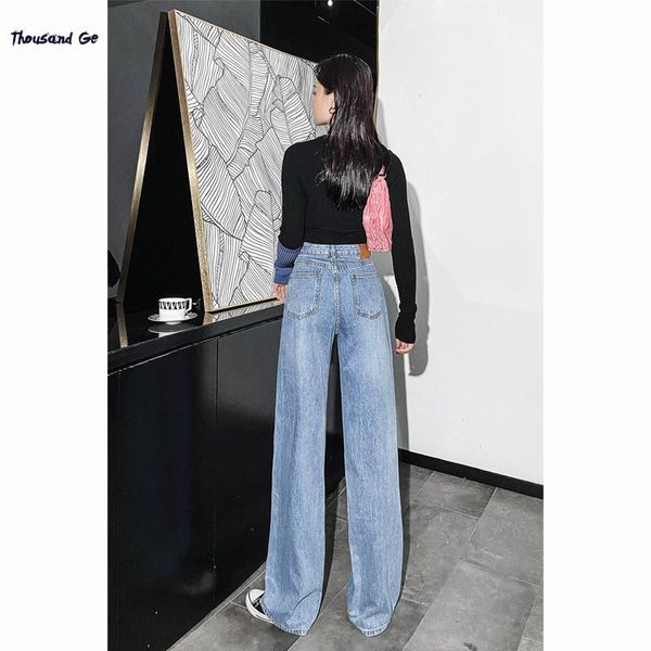 

2020 loose, thin and high drape jeans early autumn straight-leg hong kong-style mopping and lengthening jeans high waist wide le, Blue
