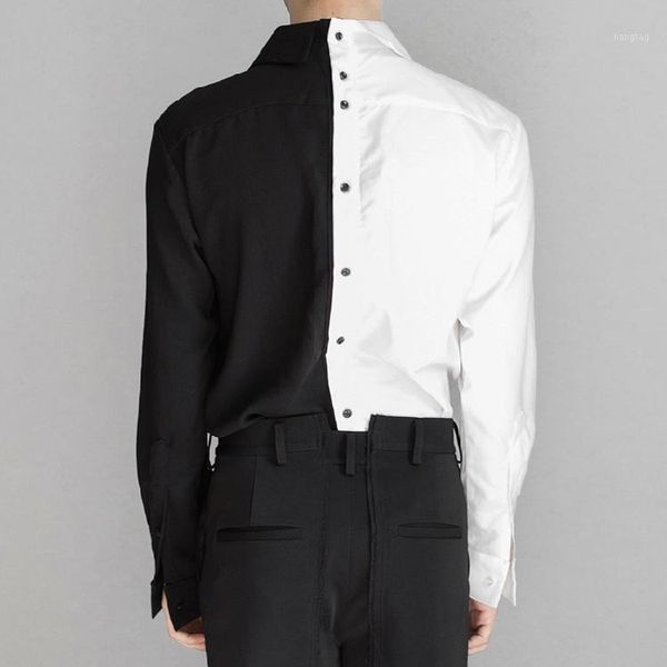 

2020 new fashion men's shirt hair stylist personality black and white stitching shirt hair stylist simple1, White;black