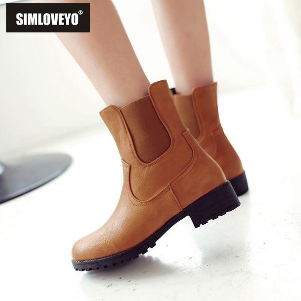 

boots simloveyo ankle for women thick heel round toe slip on pu leather yellow black winter autumn causal botas feminino size 431