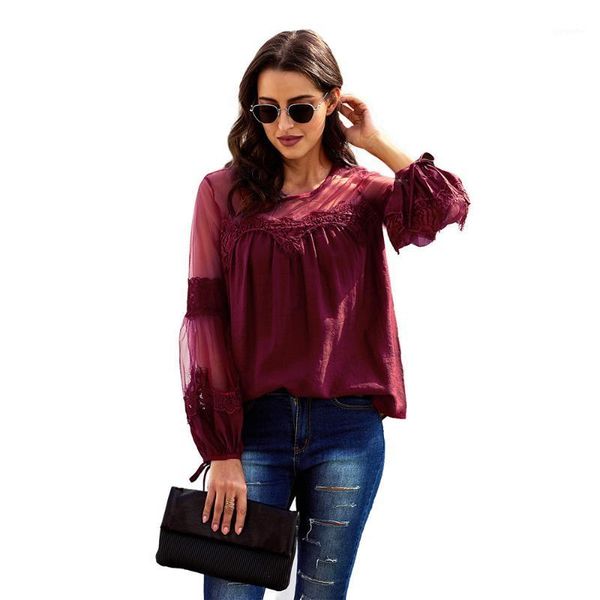 

popular autumn european and american new style solid color lace back one button long sleeve pullover round neck shirt women1, White