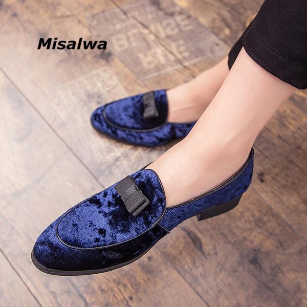 

misalwa fashion formal shoes men's flats business pointed toe wedding shoes ceremony elegant flock knot british loafers blue, Black
