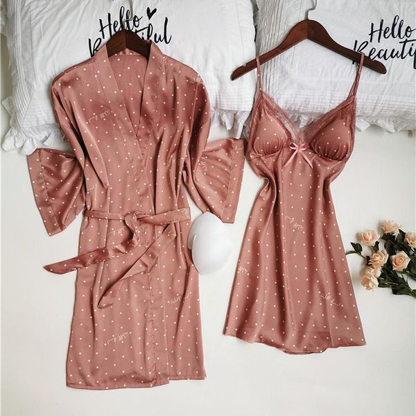 

pink dot print sweet bow sleepwear lady v-neck lace backless nightgown with belt kimono bathrobe gown loose satin sleepwear1, Black;red