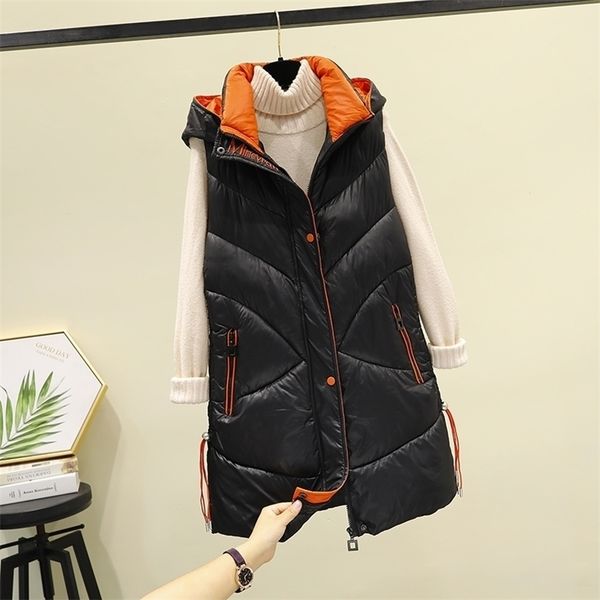 

new women streetwear jacket cotton padded vest autumn winter thickening hooded long waistcoat female patchwork warm parkas 201031, Black;white
