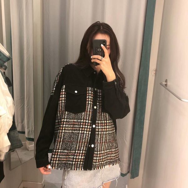 

2021 new womens fall winter fashion plaid woolen outerwear girls retro patchwork shirt jackets coats 54ut, Black;brown