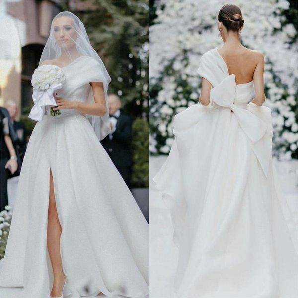 

elegant a line wedding dresses with bow sash side slit one shoulder bridal wedding gowns custom made robe de mariée, White