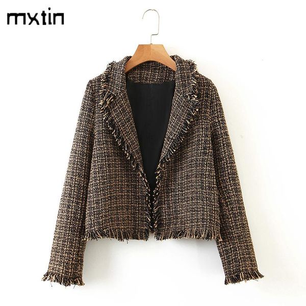 

women's suits & blazers vintage stylish tweed coat women 2021 fashion tassel plaid office ladies outerwear casual casaco femme, White;black