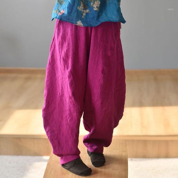 

johnature women vintage linen wide leg pants elastic waist loose trouser 2020 solid color patchwork pockets female casual pants1, Black;white