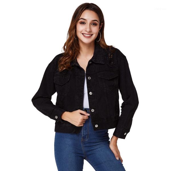 

fashion women denim jacket long sleeve autumn jeans jacket streetwear casual loose outwear ripped female black coats1, Black;brown