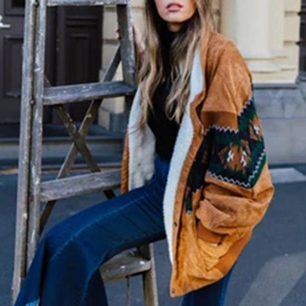 

women's jackets lugentolo woman jacket winter 2021 fashion print plus size vintage flocking turn-down collar warm coat, Black;brown