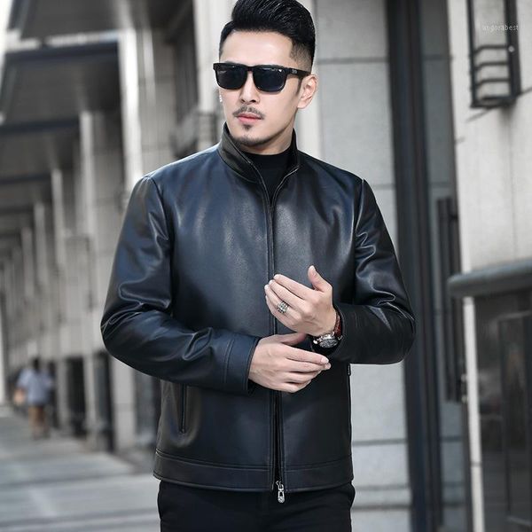 

new 2020 business men's leather garment solid color non iron processing ordinary fit stand collar casual leather coat1, Black