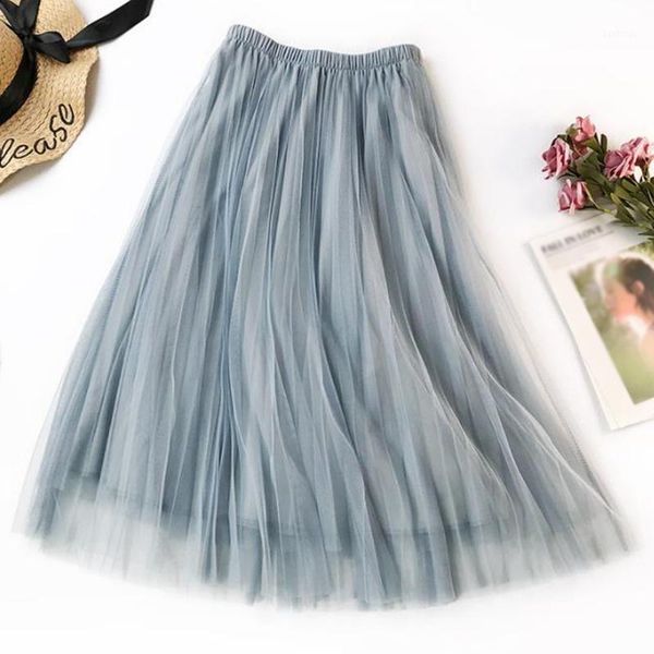 

summer tulle skirt women perspective sheer mesh pleated tutu skirt korean female elastic high waist mid calf1, Black