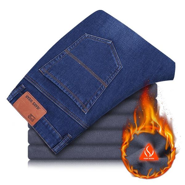 

mens winter stretch thicken jeans warm fleece soft denim biker jean pants trousers stretch keep warm loose fit, Blue