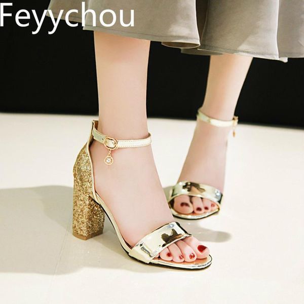 

women's sandals super high heel pu peep toe thick heel crystal buckle 2021 new fashion summer gold silver big size 34-48, Black
