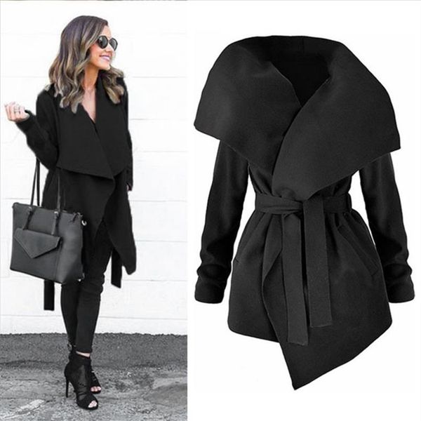 

winter coats women autumn woolen blend fashion lapel jackets v neck belt lace up solid casual slim overcoats female outer, Black