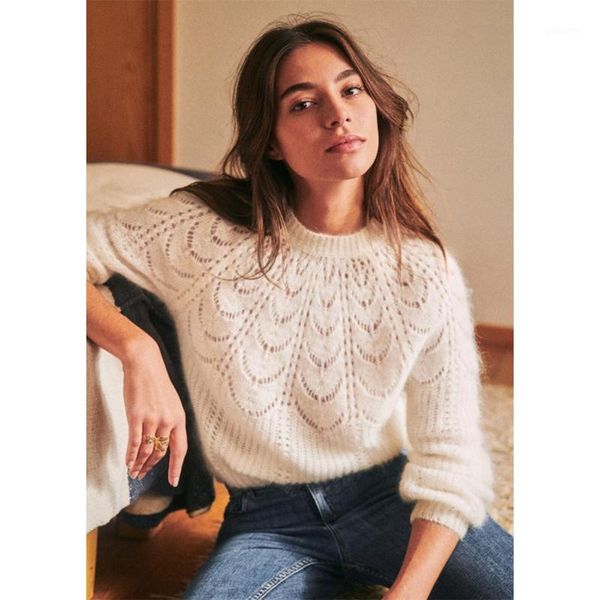 

white mohair and wool knitted sweater women autumn hollow out lantern sleeve round neck pullover casual vintage soft jumper 20201, White;black