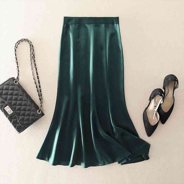 

korean england style office lady simple solid satin elegant summer long skirt women mujer moda skirts womens plus size, Black