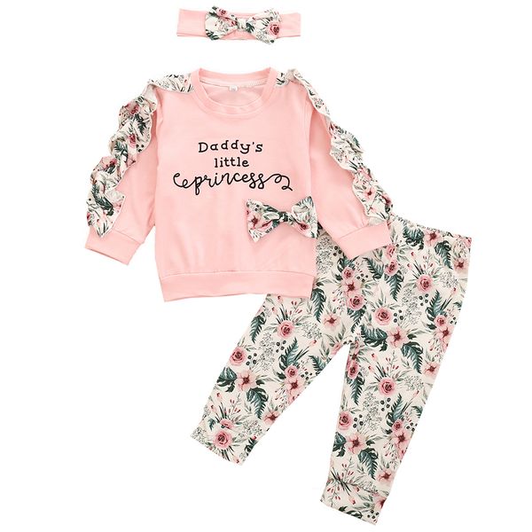 

newborn baby girl clothes set long sleeves ruffled daddy little princess flower pants headband 3pcs infant clothing outfit 1021, White