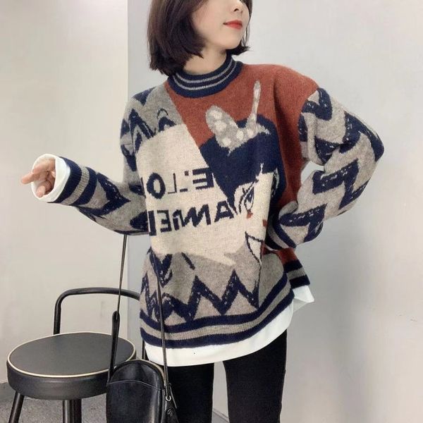 

2021 round goal pullover women's nightgown fall winter knitted from the cute old-aged cartoon woman's coat ii9b, White;black