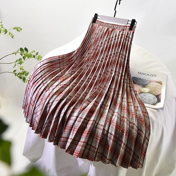 

aonibeier a line autumn winter plaid women casual long skirts female pleated ladies high waist midi skirt y1214, Black