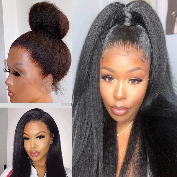 

легко установить yaki прямые кружевные фронтские парики натуральный цвет синтетический без геля головка парик термостойкое волокна волосы дл, Black