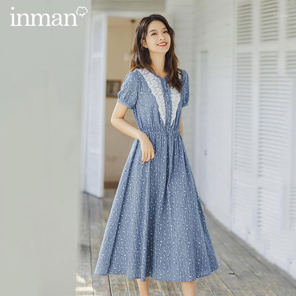 

inman 2020 summer new arrival prairie chic style splicing lace nipped waist stringy selvedge short sleeve dress1, Black;gray