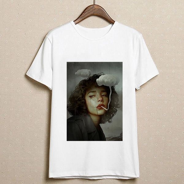 

abstract girl smoking print t shirt women aesthetics short sleeve t-shirt white korean tshirt female harajuku graphics tee