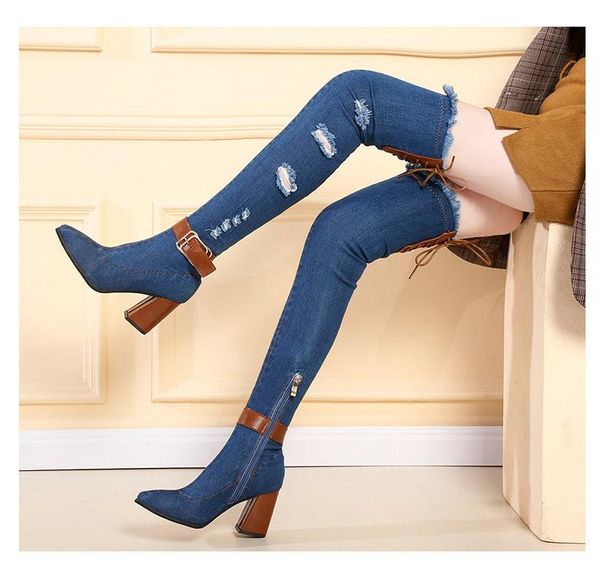 

boots denim women slim thigh high hole spring chunky heels shoes woman belt buckle cowboy over the knee botas mujer, Black