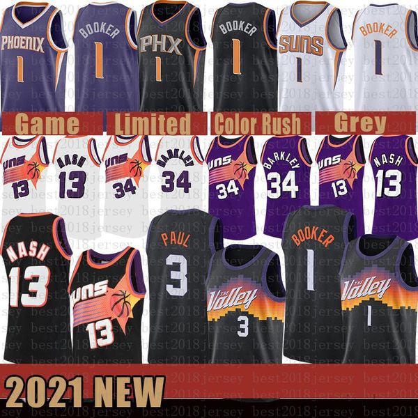 

2021 new basketball jersey phoenixsunsmens devin 1 booker chris steve 13 nash 3 paul charles 34 barkley lavender, Black;red