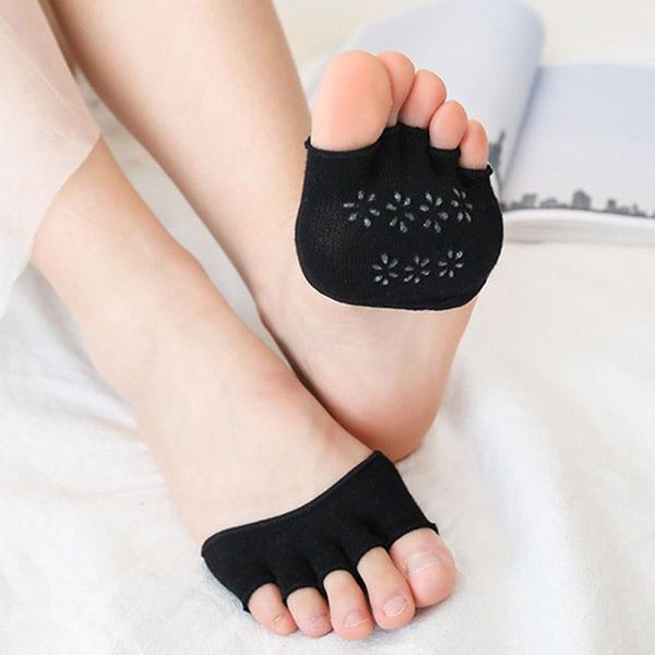 

10pairs cotton casual socks slippers women thin invisible gym non slip toe half grip heel five finger socks female fz00821, Black;white