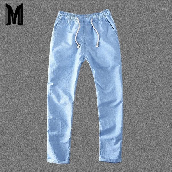 

2019 men's summer casual pants natural cotton linen trousers white linen elastic waist straight pants y0261, Black