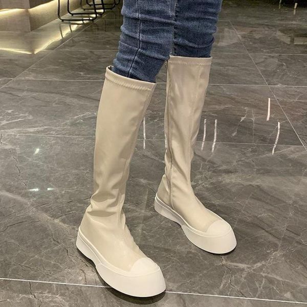 

классический черные упругий boots женщина белого толстого дна плоского мотоцикл кожа длинные сапоги bottine femme колено высокой молния, Black