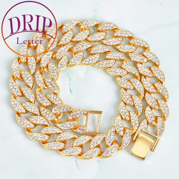 

15mm miami cuban necklace full rhinestone crystal bling bling choker gold color hip hop chain fashion punk jewelry gift, Silver