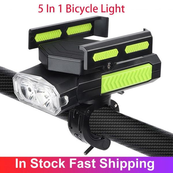 

5 in 1 bicycle light led bike front light usb rechargeable power banks cycling phone stand horn multifunction mtb