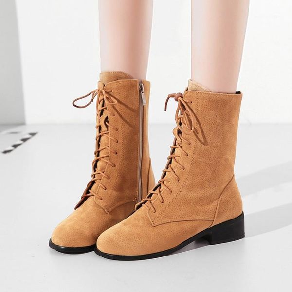 

pxelena 2020 winter lace up boots female round toe square low heels riding knight ankle boots women shoes 34-431, Black