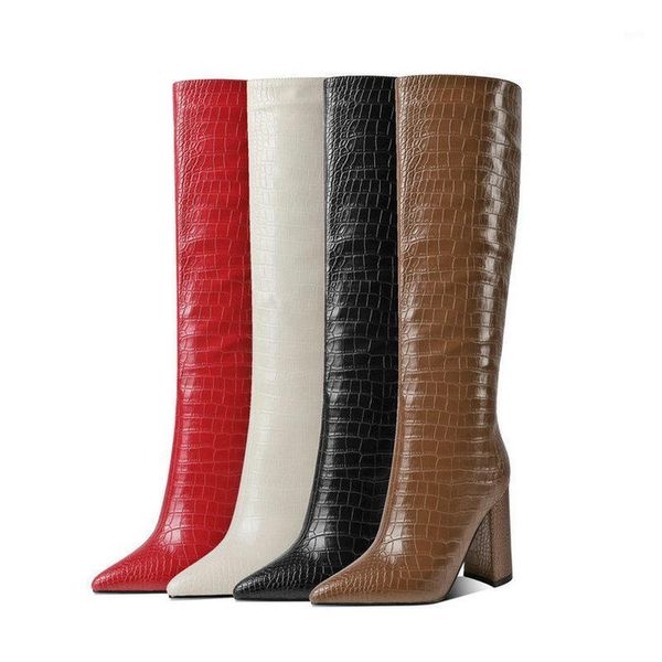 

2021 microfiber women knee high boots black red brown beige women's shoes fashion pointed toe square heel shoe1