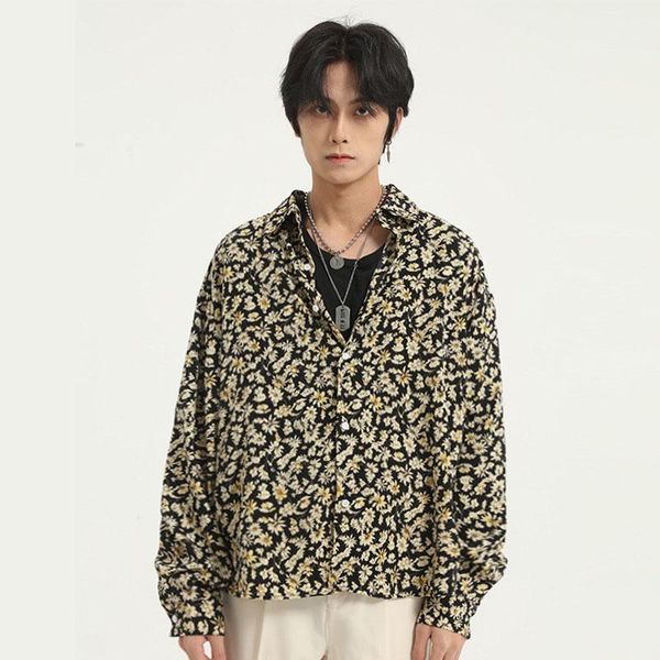 

men's casual shirts male retro fashion korea streetstyle loose dress men long sleeve flower shirt1, White;black