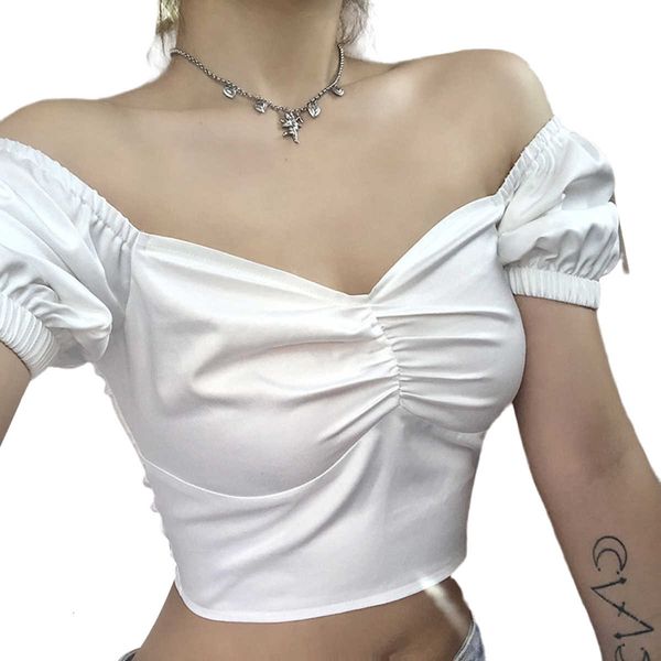 

women's summer sleeve t-shirt square neck short crop pure color casual fashion 2020, White
