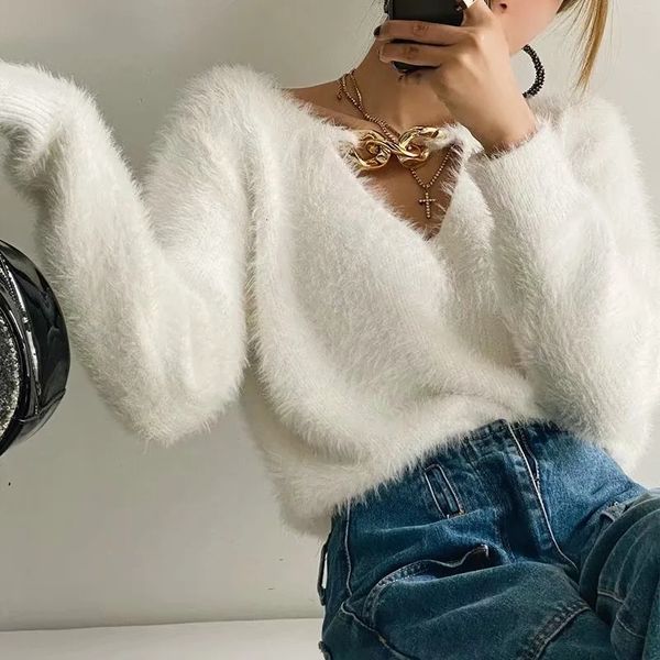 

2021 new imitated mink wool sweater chain female chopped hollow out long maomao loose sweaters, eqat, Black;white