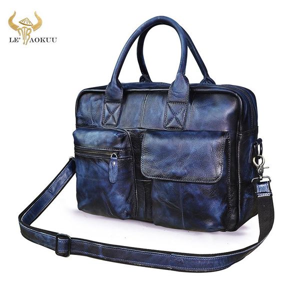 

cow genuine leather blue fashion large capacity attache business briefcase bag male design travel laptote portfolio bag b331