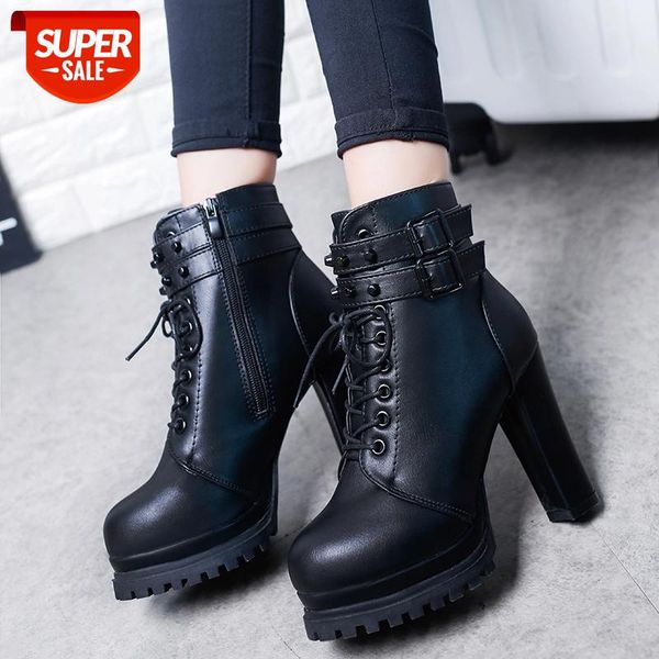 

lucyever super high heels ankle boots for women fashion rivet buckle pu leather shoes woman autumn winter lace up platform botas #zj5u, Black