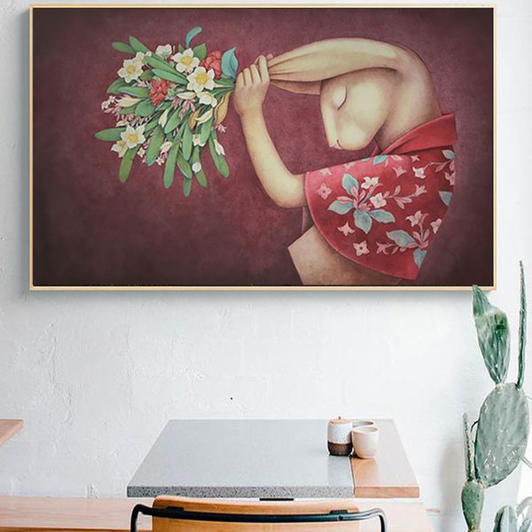 

nordic poster rabbit flowers animal canvas art wall picture living room entrance bedroom bedside oil painting home decor